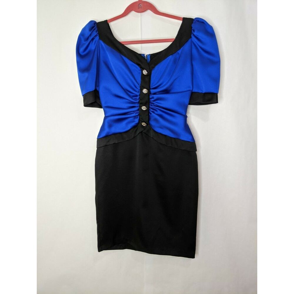 Vintage 80s Midnight Glo Dress Sz 6 Blue Black Hi-Puff Sleeve Party Cinch Waist